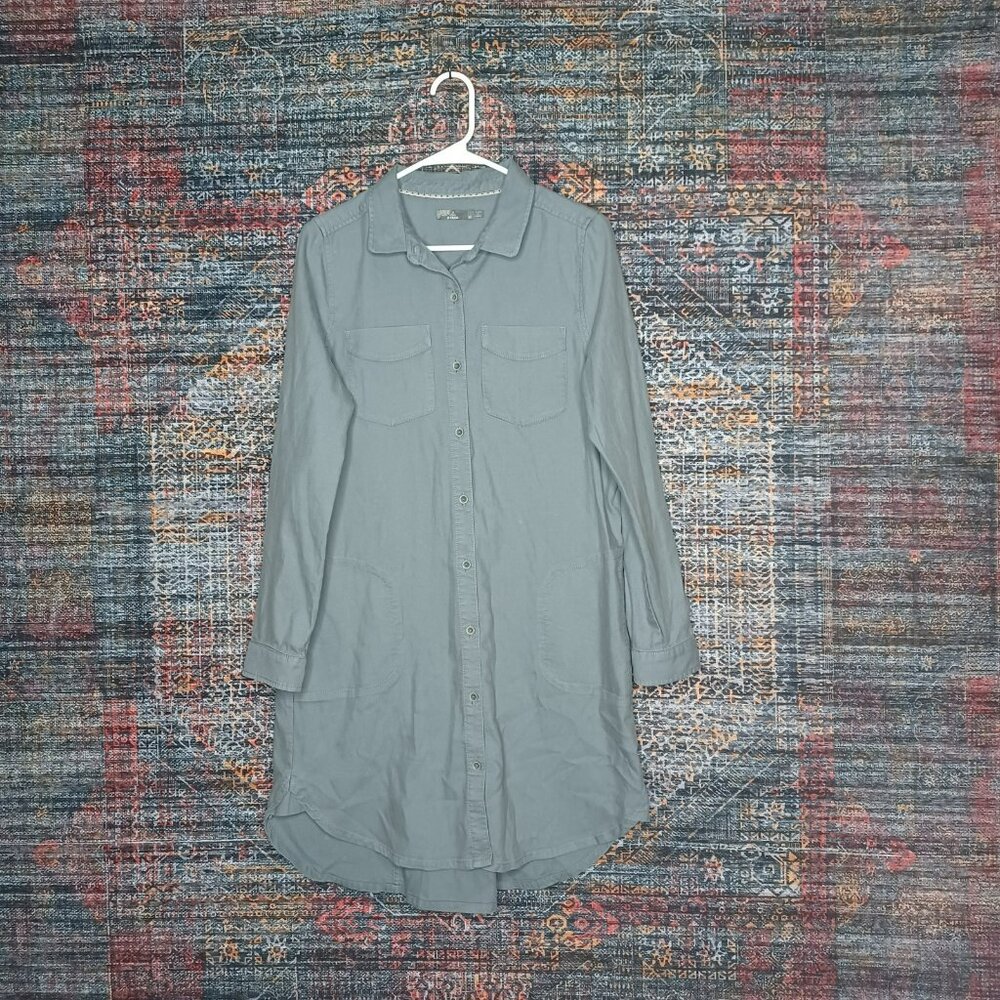 prAna womens solid gray Yarrow Organic Cotton an Hemp button shirt dress M EUC